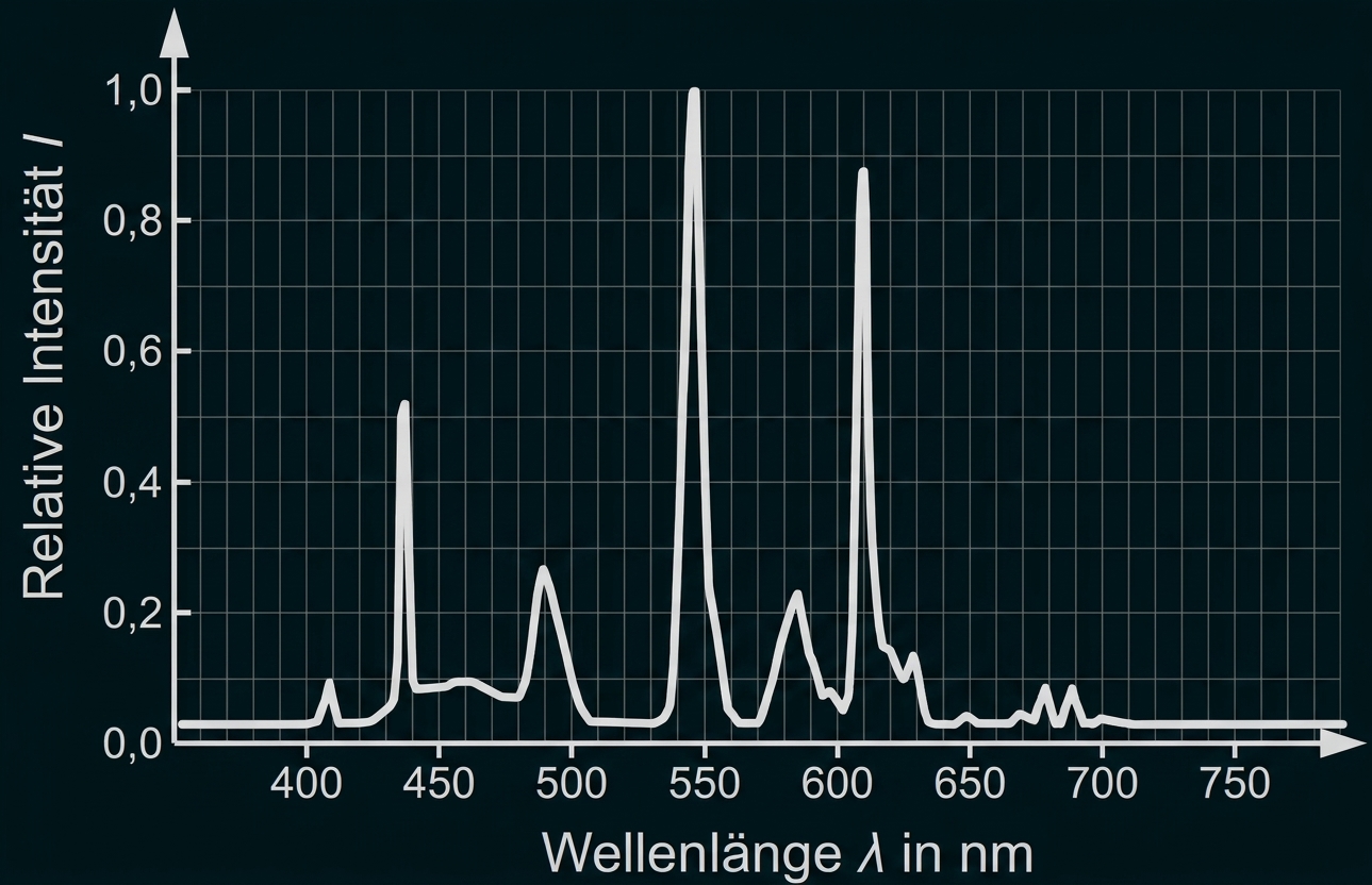 Liniendiagramm zur relativen Intensität über der Wellenlänge im sichtbaren Spektrum.